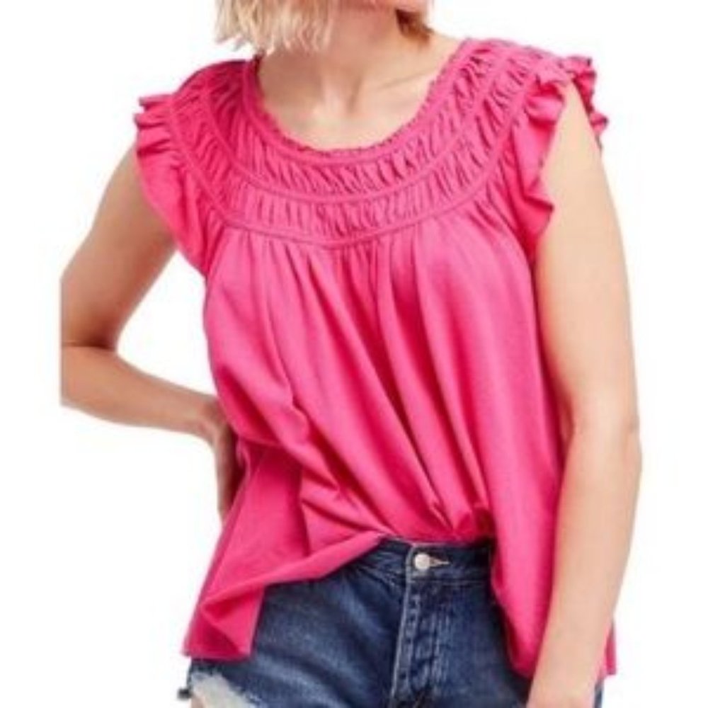 Free People NWT! Coconut Gathered Blouse in Hot Pink Size M